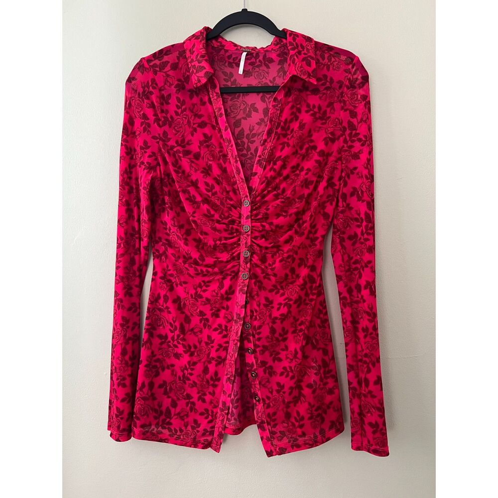 Free People Red Floral Sheer Ruched Button Down Top Size Large